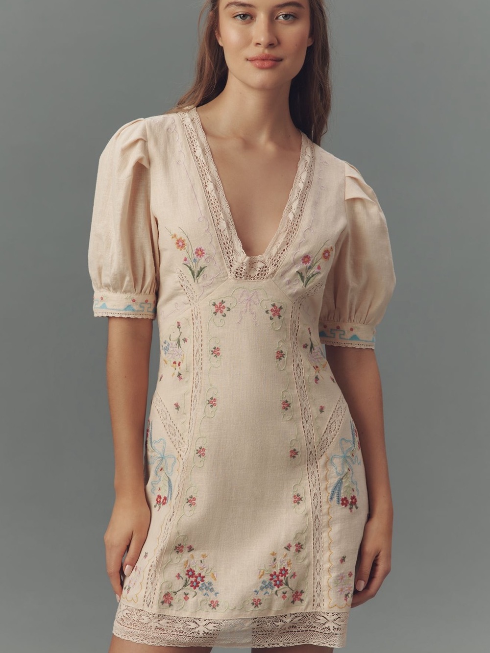 Anthropologie Linen Blend Puff Sleeved V-Neck Mini Dress